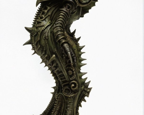 Futuristic sculpture combining organic and mechanical elements