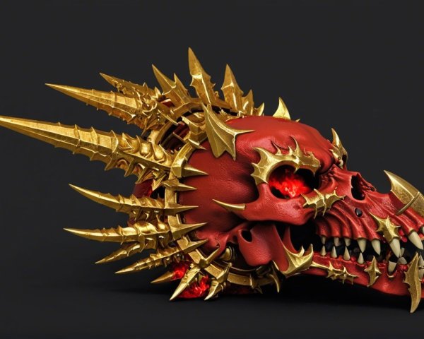 Ornate skull design with red base and golden spikes