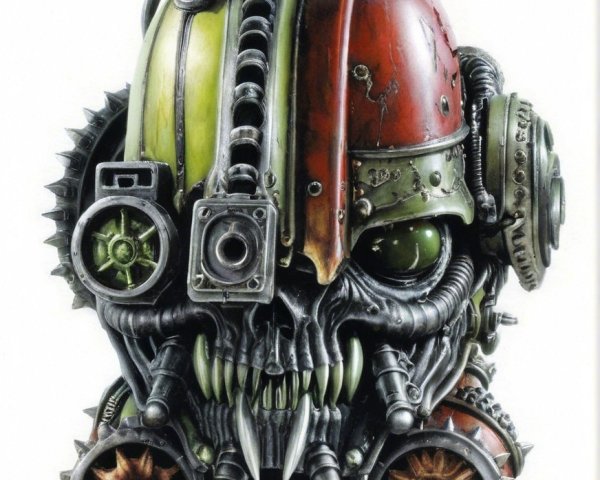Stylized Mechanical Skull with Gears and Vibrant Colors