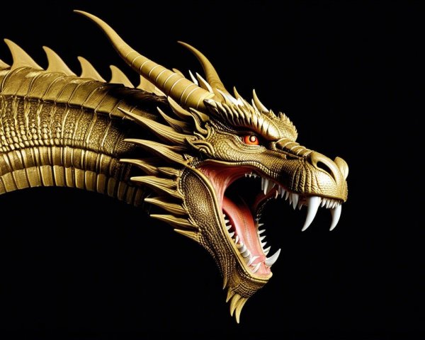 Golden Dragon with Detailed Scales on Black Background