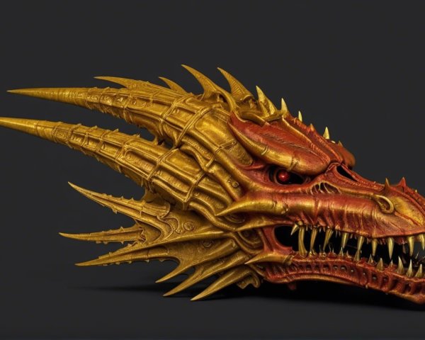 Menacing dragon skull with sharp teeth and red eyes