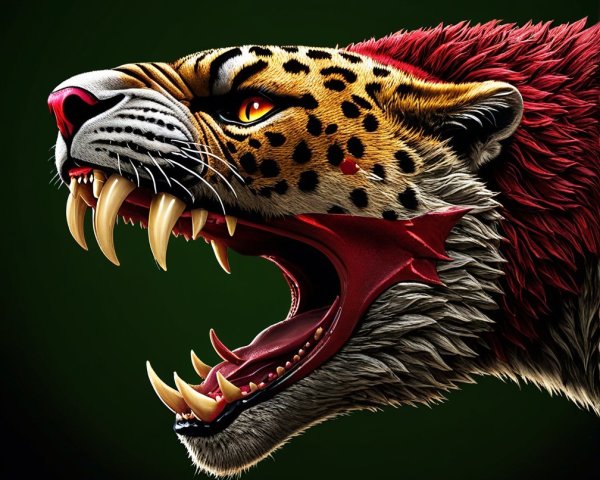 Stylized Leopard Head with Red Mane and Intense Expression