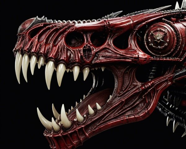 Robotic Dragon Head with Metallic Textures and Red Hue