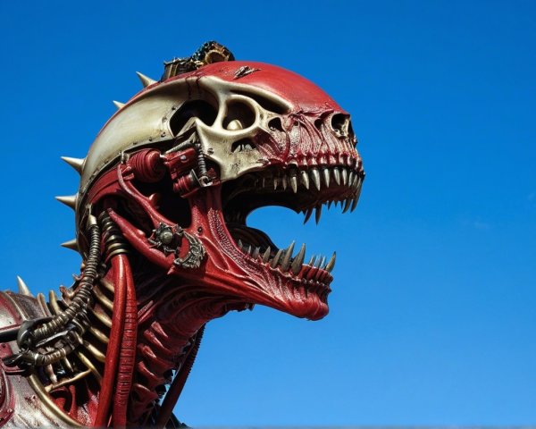 Robotic Dinosaur Head with Metallic Components and Spikes