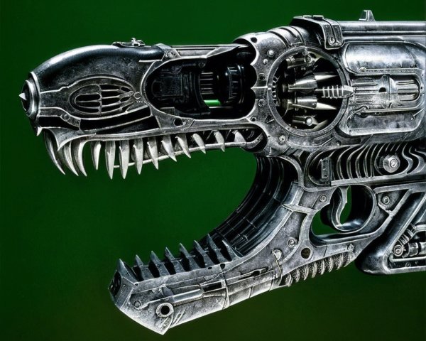 Futuristic Dinosaur-Head Weapon with Mechanical Details