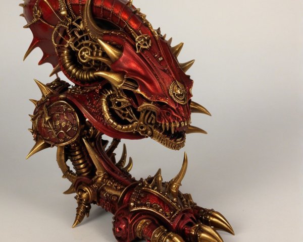 Intricately Designed Mechanical Dragon Figure in Red and Gold