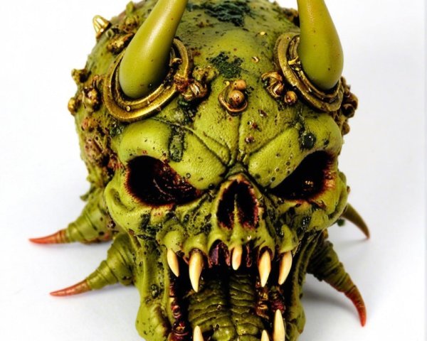 Grotesque Multi-Eyed Skull with Green Hue and Spikes
