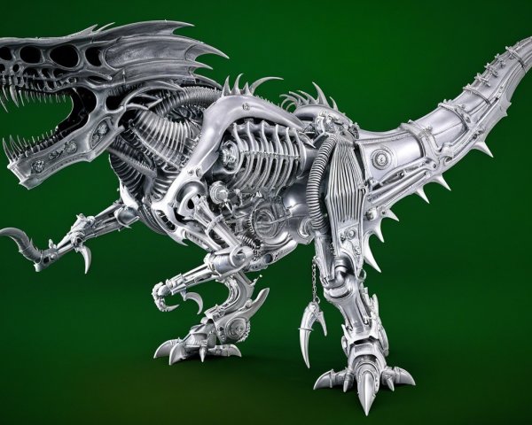 Futuristic Metallic Dinosaur on Green Background