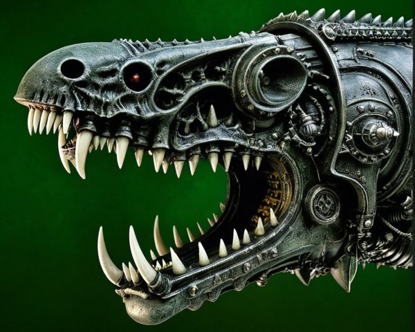 Robotic Dinosaur Head with Steampunk Design Elements