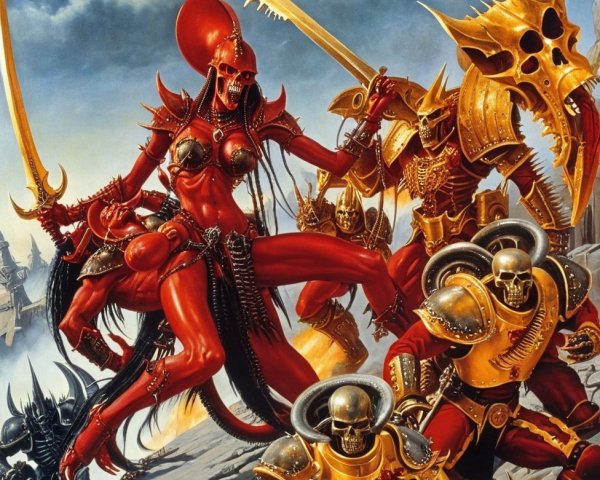 Battle Scene with Female Demon in Red Armor