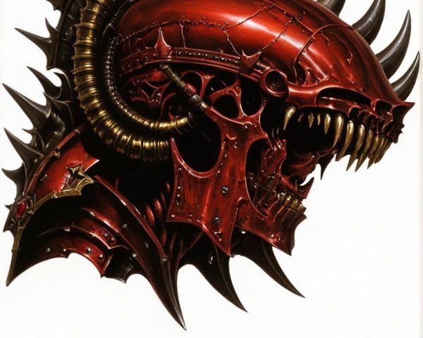 Intricate Red Helmet with Black Spikes and Mechanical Design