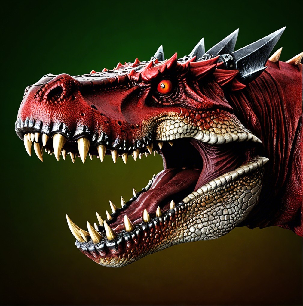 Realistic Dinosaur Head with Red Scales and Spikes
