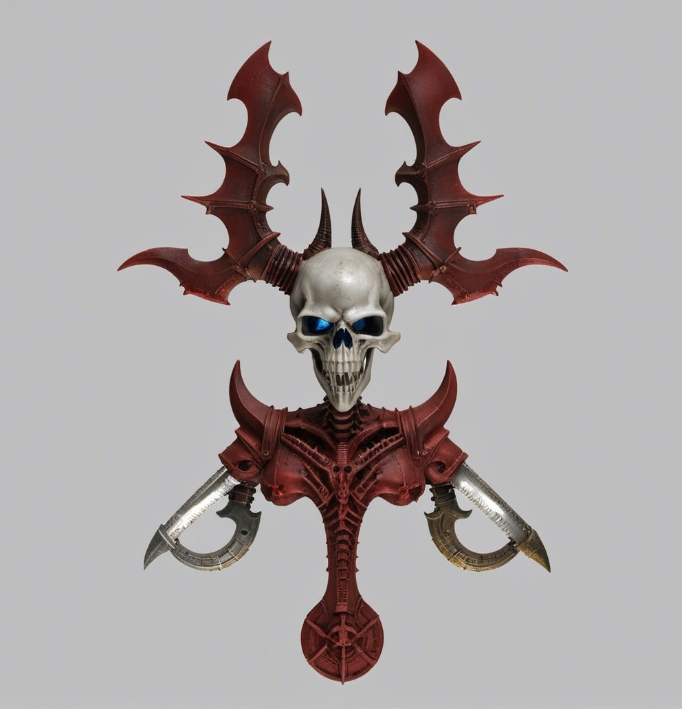 Stylized skull with horns and intricate armor details