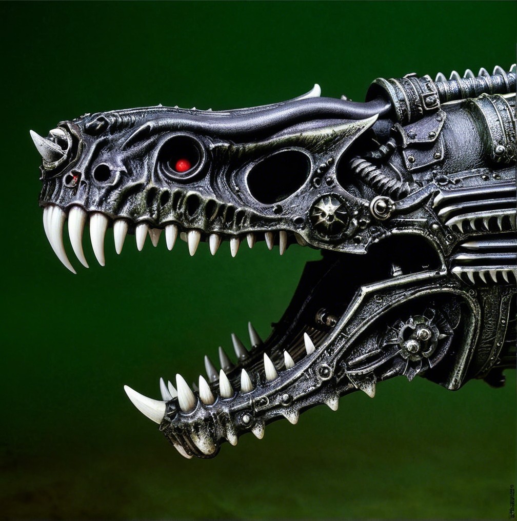 Robotic Dinosaur Head with Steampunk Design Elements