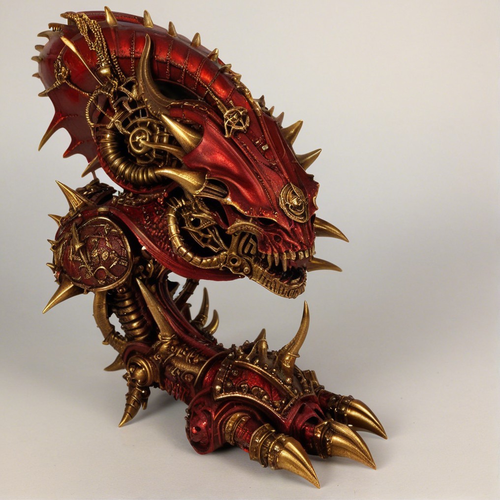Intricately Designed Mechanical Dragon Figure in Red and Gold