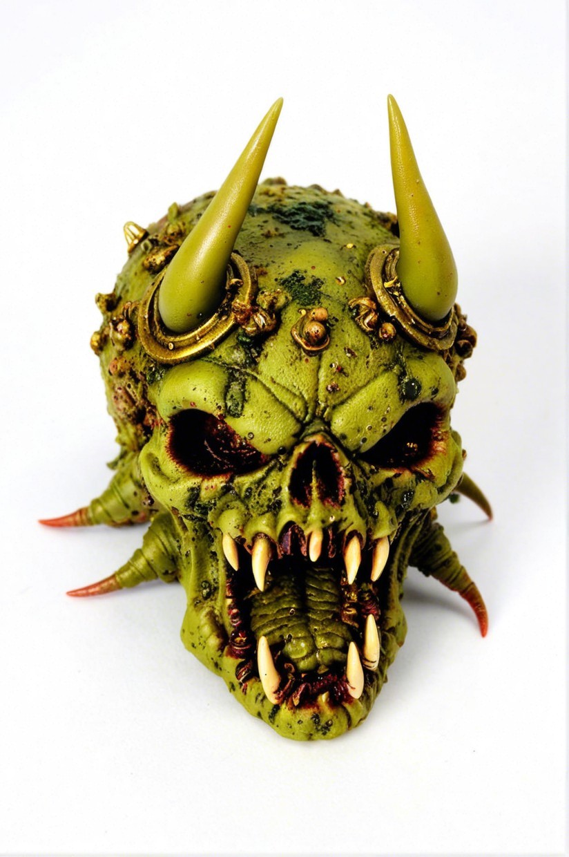 Grotesque Multi-Eyed Skull with Green Hue and Spikes