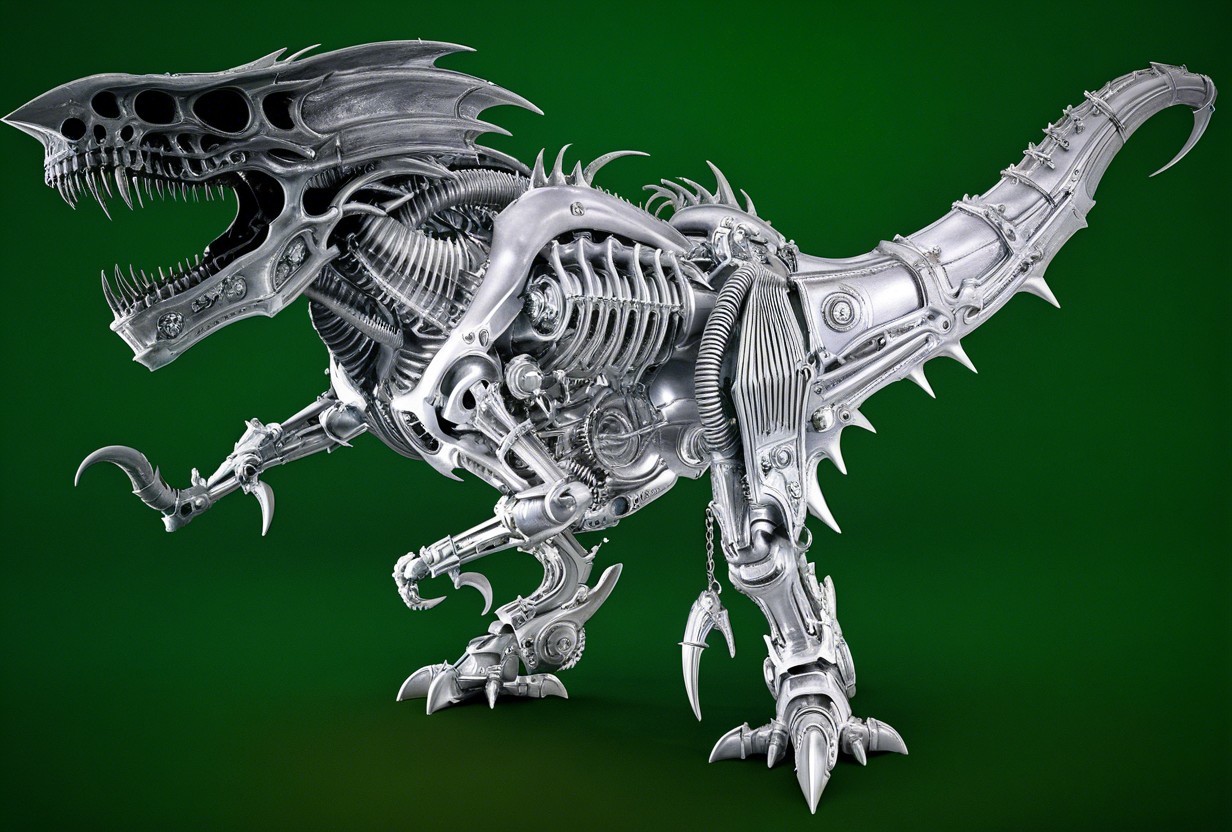 Futuristic Metallic Dinosaur on Green Background