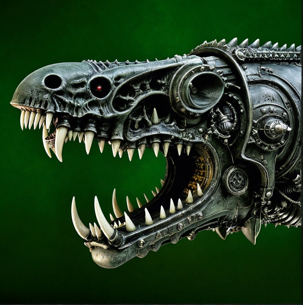 Robotic Dinosaur Head with Steampunk Design Elements