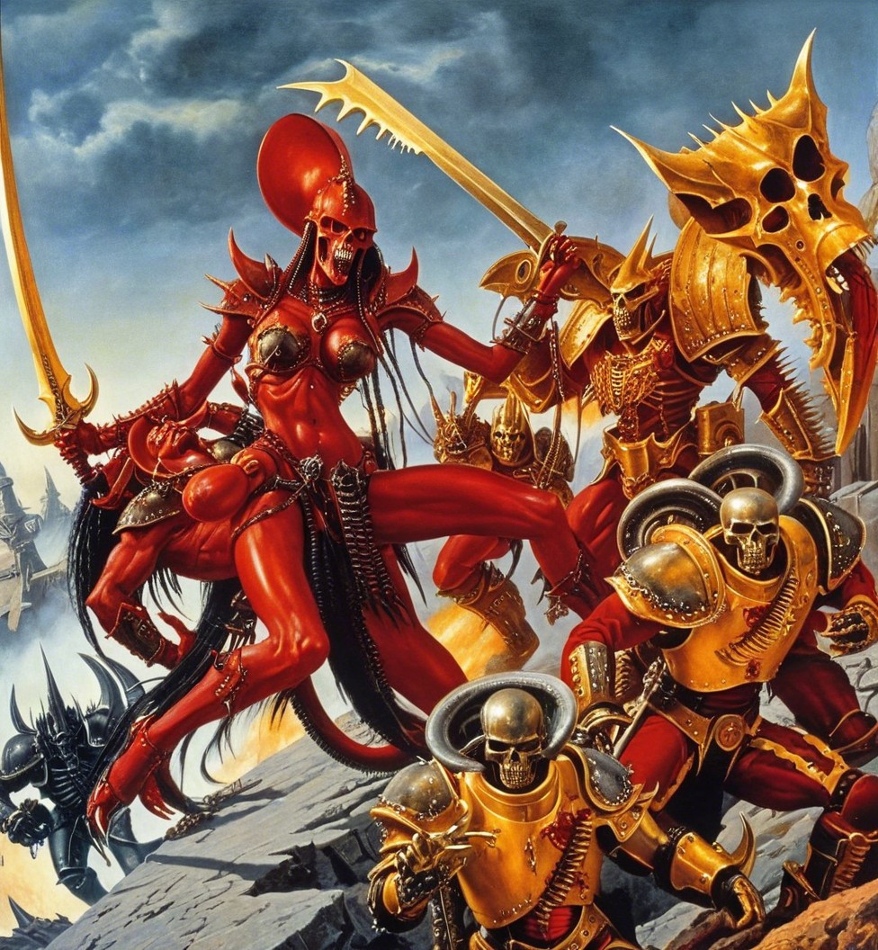 Battle Scene with Female Demon in Red Armor