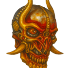 Stylized Skull with Horns in Orange and Green Hues