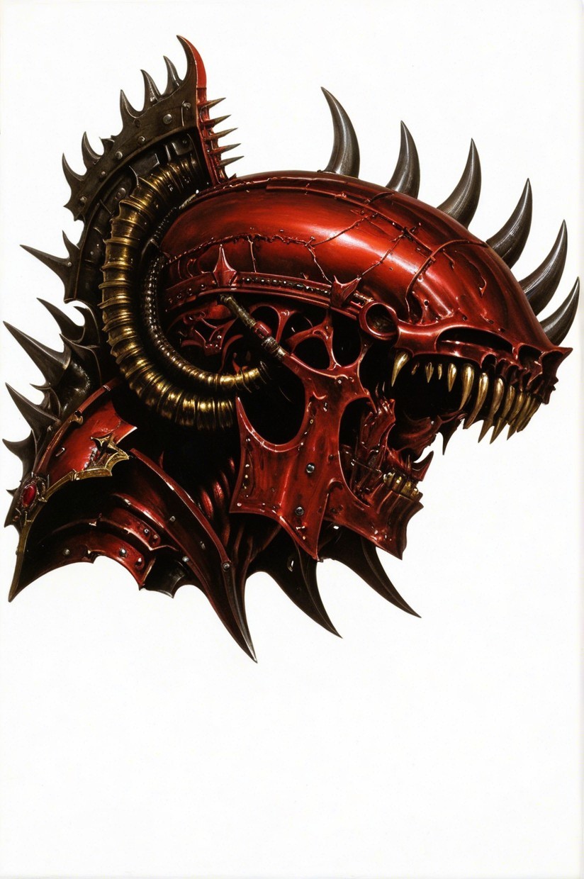 Intricate Red Helmet with Black Spikes and Mechanical Design