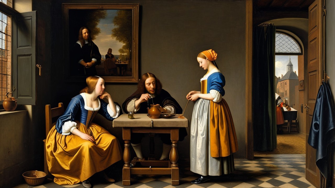 Cozy Interior Scene with Three Figures at a Table