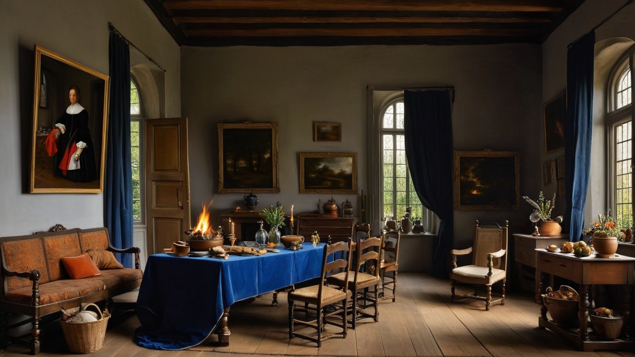 Cozy dining room with blue table and rustic decor