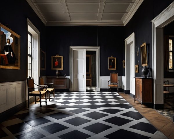 Elegant Interior with Black-and-White Tiled Floor