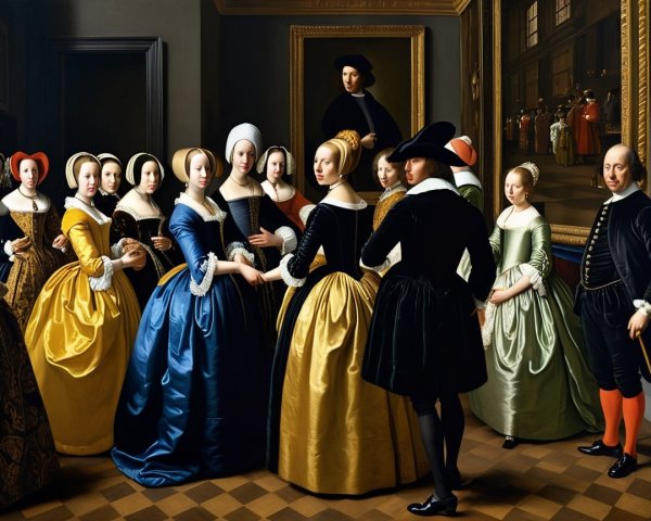 17th-Century Fashion Depicted in Elegant Interior Scene