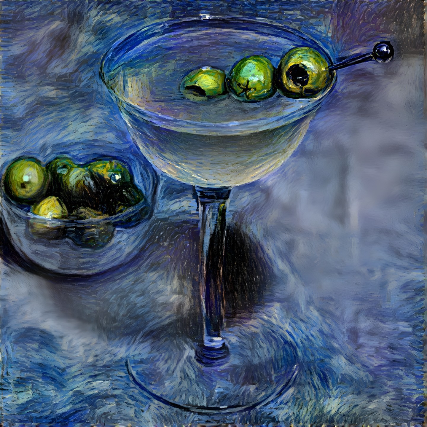 Cocktail Glass with Light Drink and Green Olives