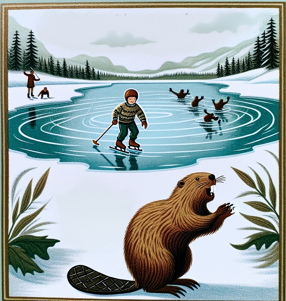 Whimsical Winter Scene with Skater and Snowy Trees