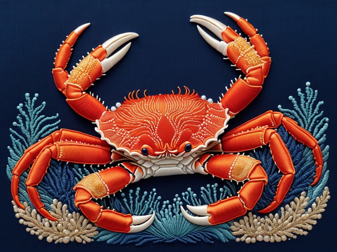 Embroidered Orange Crab on Deep Blue Background