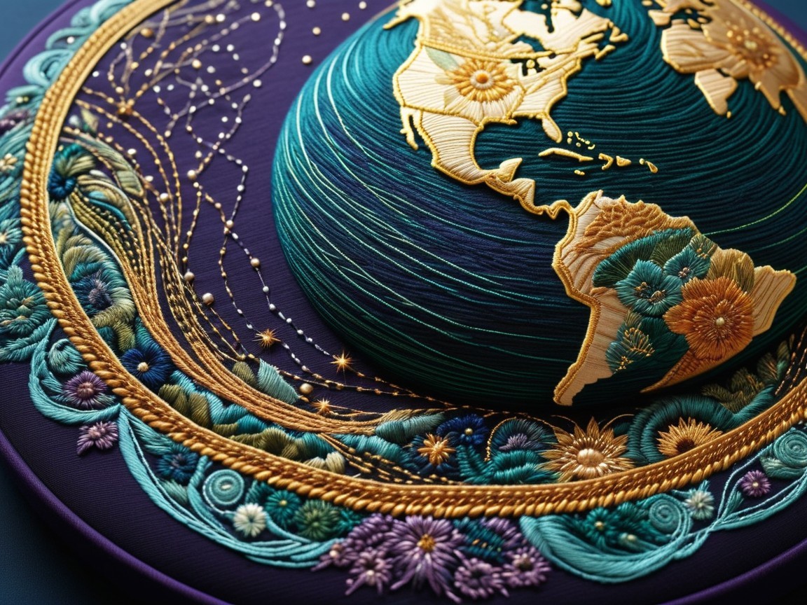 Three-Dimensional Globe Embroidery Design with Floral Border