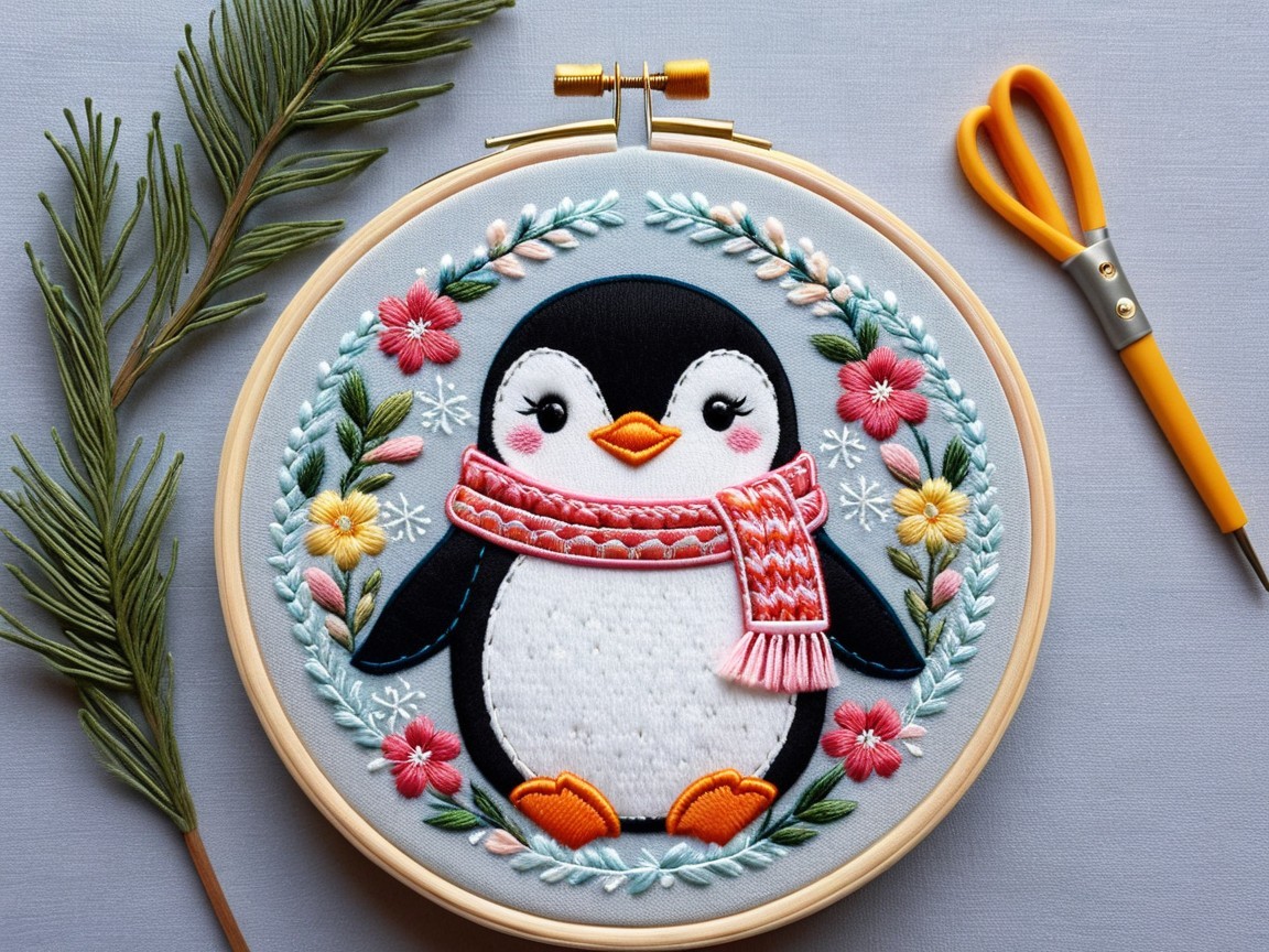 Charming Penguin Embroidery Design with Floral Wreath