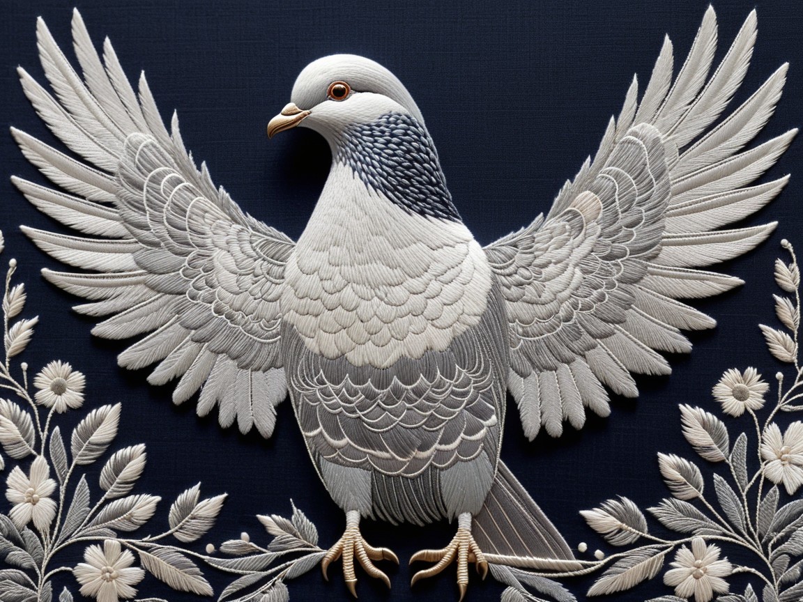 Intricately Embroidered Dove on Navy Blue Background