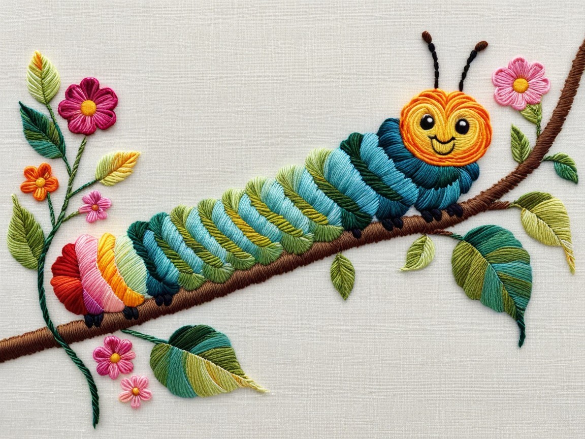 Colorful Embroidered Caterpillar on Vibrant Branch