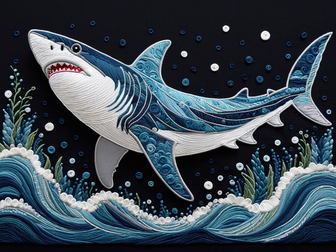 Embroidered Shark with Ocean Waves and Flora Details