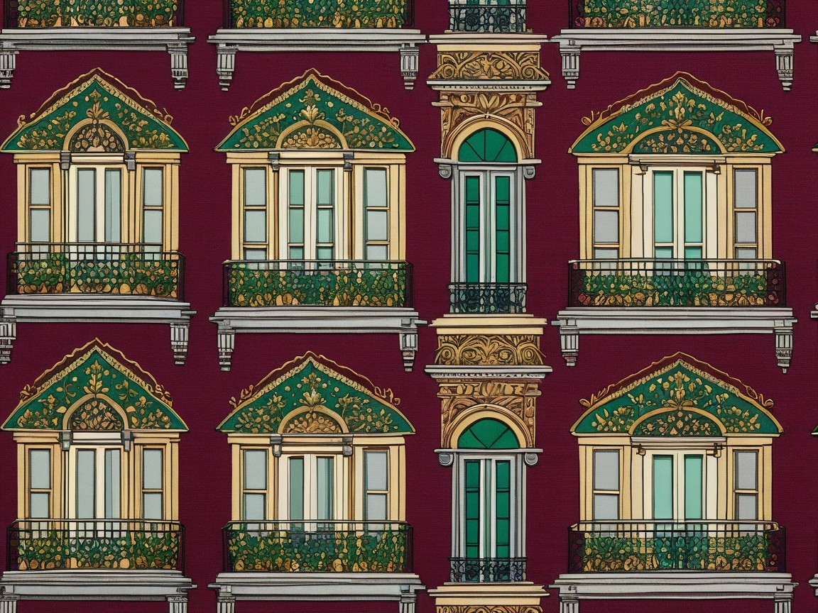 Ornate Balconies on Burgundy Background Pattern Design