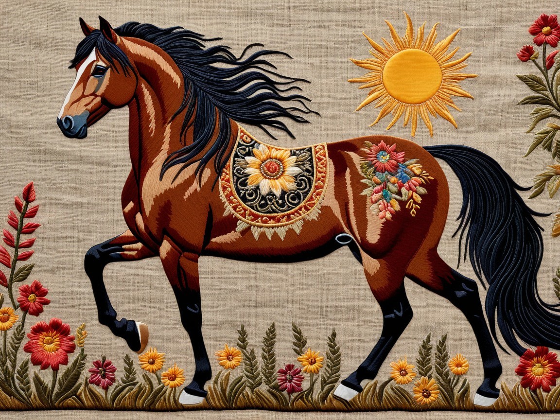 Embroidered Horse with Floral Motifs and Sunlight