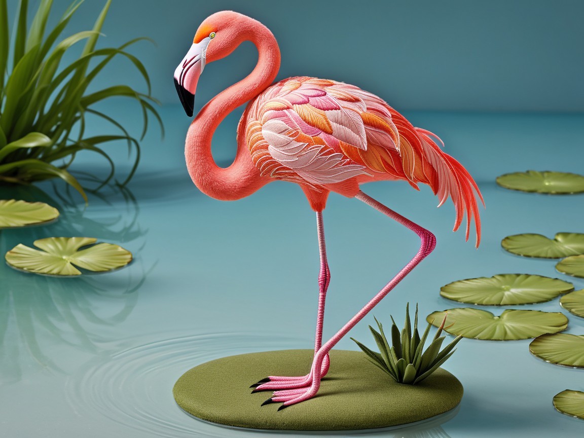 Vibrant Flamingo in Serene Water Setting with Lily Pads