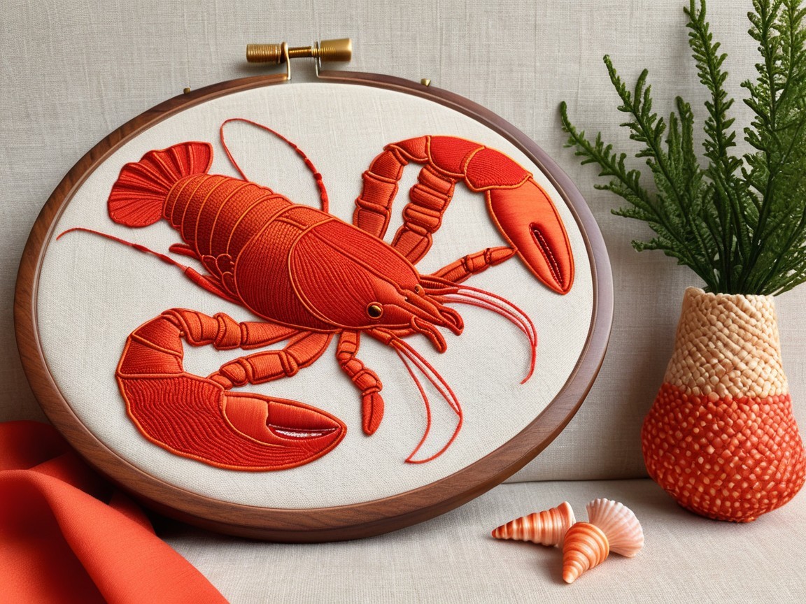 Vibrant Lobster Embroidery in Wooden Hoop Display