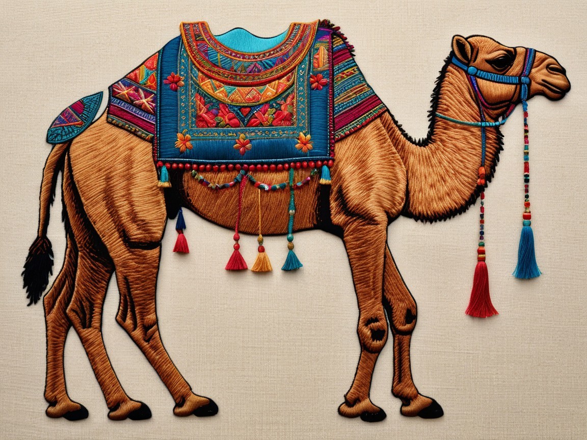 Embroidered Camel Artwork with Intricate Patterns