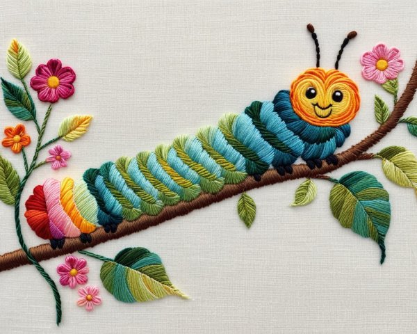 Colorful Embroidered Caterpillar on Vibrant Branch