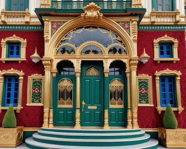 Grand Archway Entrance with Gold Designs and Greenery