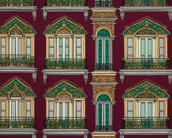 Ornate Balconies on Burgundy Background Pattern Design