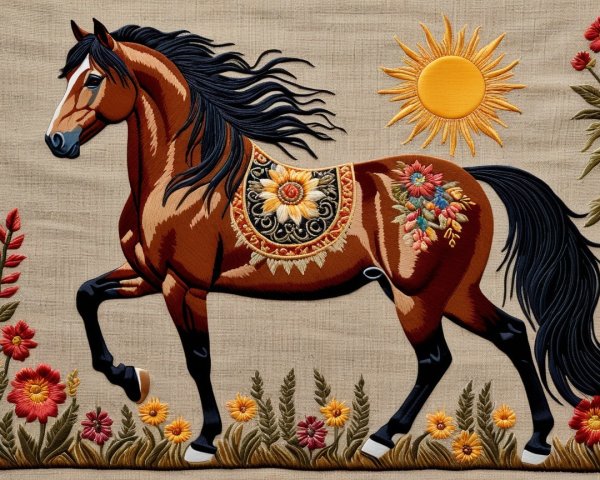 Embroidered Horse with Floral Motifs and Sunlight