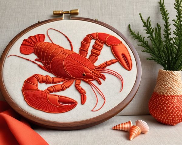 Vibrant Lobster Embroidery in Wooden Hoop Display