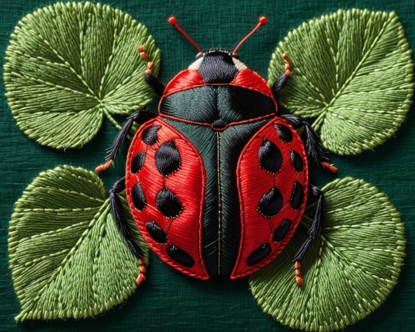 Embroidery of a ladybug with vibrant colors and leaves