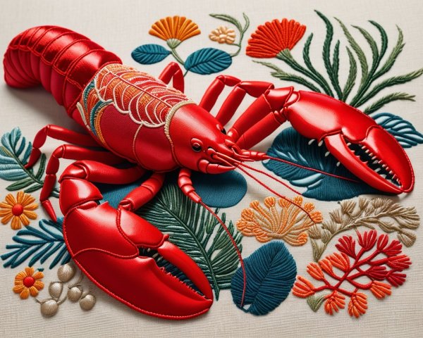 Detailed Embroidery of a Red Lobster with Floral Patterns