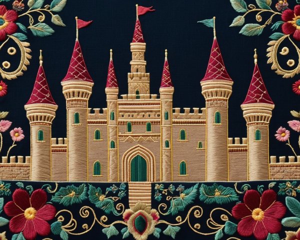 Detailed Embroidery of a Grand Castle with Floral Patterns